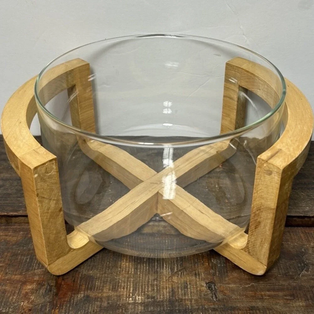 Glass Serving Bowl Sculptural Light Wood Cross Base Stand Centerpiece Modern